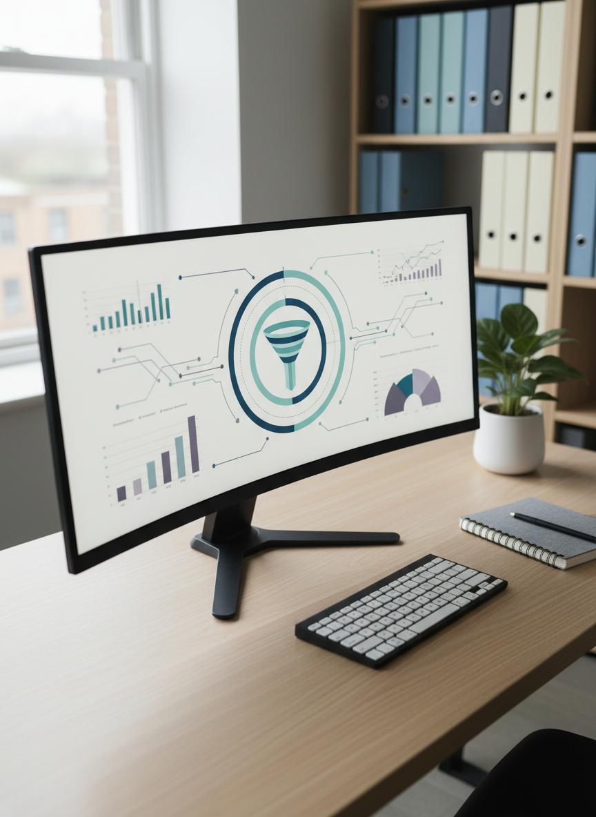 A tidy, photographic home office setup optimized for market analysis: a large, ultra-wide monitor displays a panoramic dashboard of industry performance indicators, funnels, and competitive positioning charts rendered as clean, abstract graphics with no legible text. The monitor rests on a light oak desk alongside a compact keyboard, a closed notebook, and a minimalist desk plant in a matte white pot. Soft overcast daylight filters through a nearby window, producing even, shadow-less lighting and a serene tone. The background shows a blurred bookshelf with neatly organized binders in muted blues and grays. Captured from a slightly elevated three-quarter angle with sharp focus throughout, the mood is composed, methodical, and insightful, conveying independent, expert-level market research work.