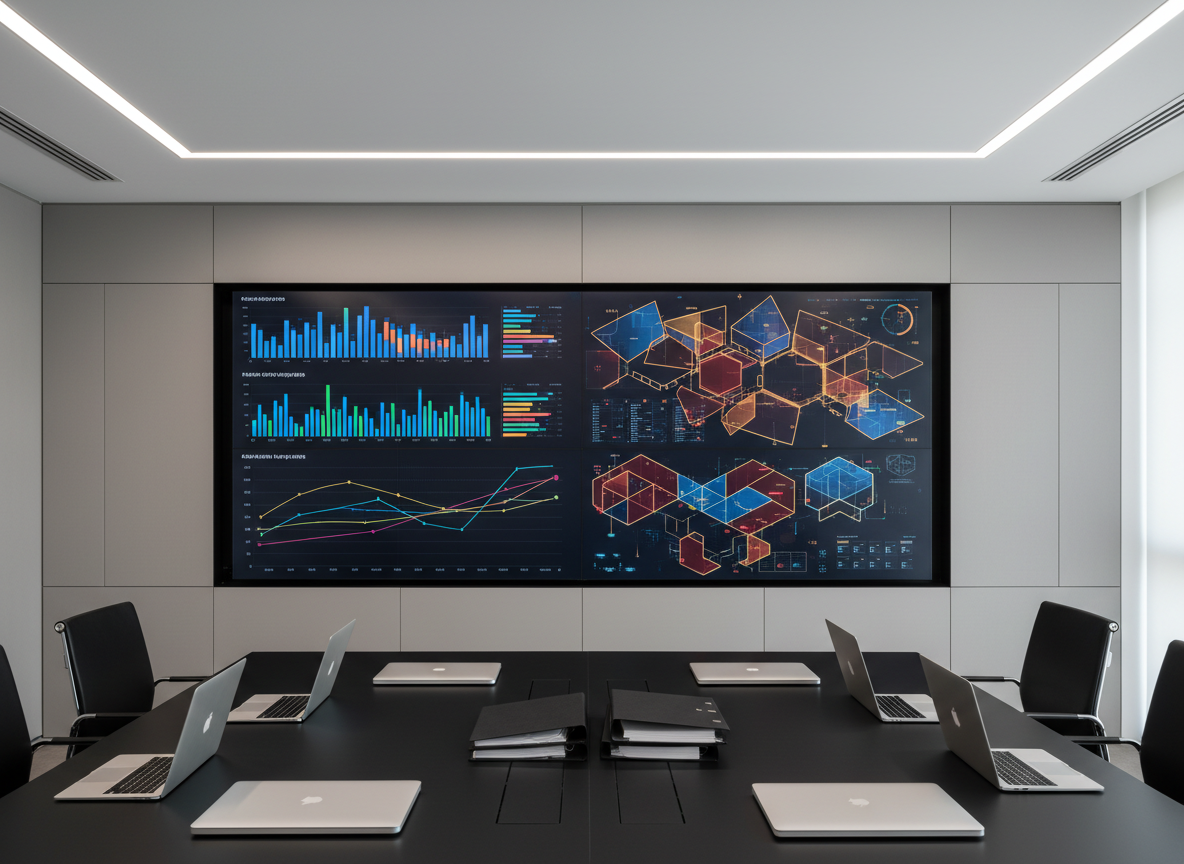 An ultra-wide, wall-mounted digital screen in a minimalist boardroom, displaying a sophisticated market intelligence dashboard with multi-colored bar graphs, trend lines, and segmented industry maps rendered as abstract shapes without readable text. Below the screen, a long matte-black table holds streamlined laptops and a few neatly stacked binders. Neutral-toned walls and subtle architectural lines frame the scene. Soft, cool LED ceiling lighting combined with natural side light from an unseen window creates balanced, shadow-free illumination. Captured in photographic realism from a centered, eye-level perspective, the composition uses the rule of thirds to draw the eye toward the glowing screen. The atmosphere feels high-level and strategic, conveying clarity, foresight, and executive-ready market insights.