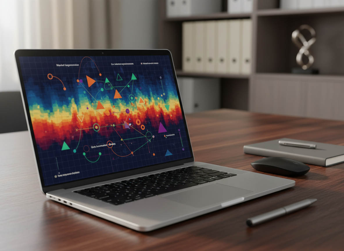 A close-up, photographic view of a premium aluminum laptop on a dark wood desk, its screen filled edge-to-edge with an intricate market segmentation heatmap and go-to-market performance indicators depicted as colored shapes and lines without legible labels. Around the laptop lie a slim wireless mouse, a graphite notebook, and a metallic pen aligned precisely. Soft morning daylight spills in from the left, glancing off the brushed metal and creating gentle highlights on the desk grain. The background fades into a tasteful blur of shelves holding neutral-toned binders and a single abstract sculpture. Shot at a three-quarter angle with a shallow depth of field, the mood is calm, precise, and highly professional, emphasizing deep data analysis and industry expertise.