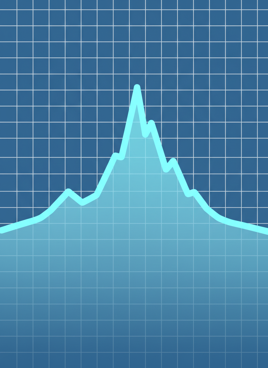 A smooth organic line graph that rises through foothills, builds to a mountain peak at the top, then descends naturally on a steel blue background with prominent grid lines