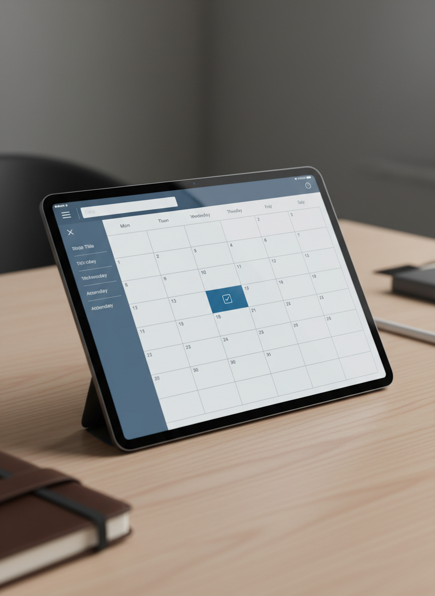 A clean, modern digital calendar scheduling interface displayed on a laptop or tablet screen. Shows a weekly or monthly calendar view with a meeting time slot highlighted and confirmed. Soft professional lighting, sleek UI design, muted steel blue and white tones. The feel is organized, executive, and efficient — like booking a high-value briefing call. Portrait orientation, no visible text or labels.